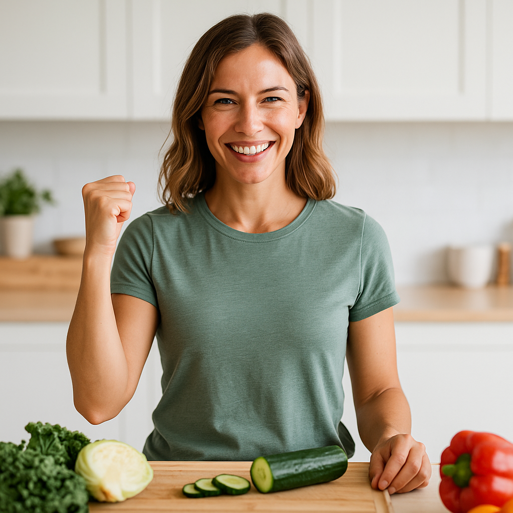 FreshStart30 30-Day Challenge Hero - Fresh Start 30: A Journey To Better Health Smiling woman raising fist in motivation for FreshStart30 reset